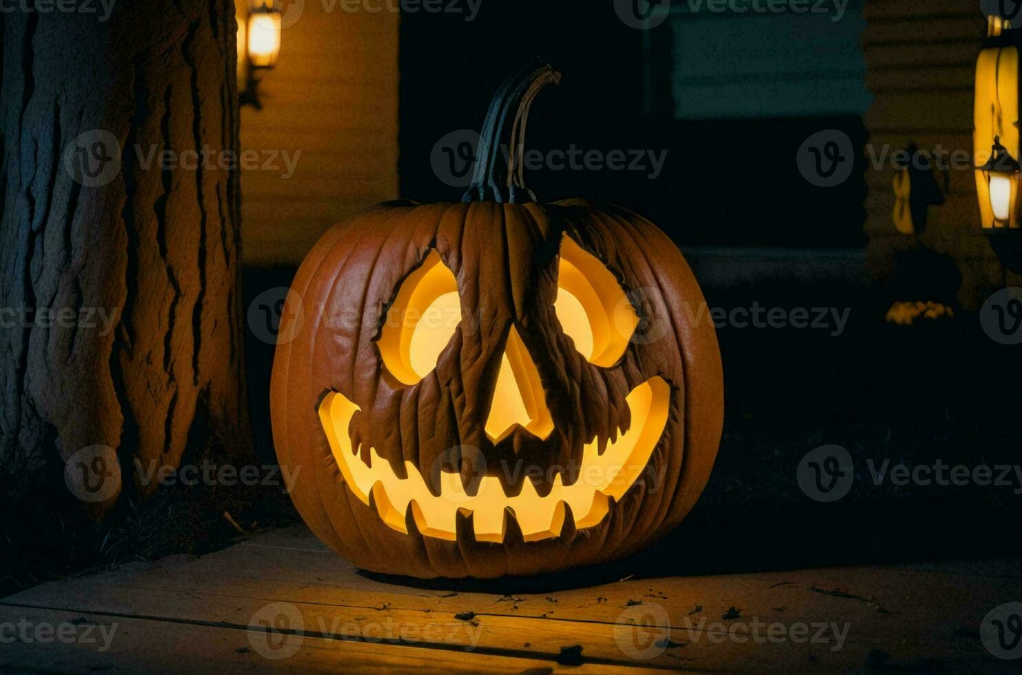 läskigt halloween firande, var kusligt siffror i ondska kostymer ströva omkring genom en vagt belyst besatt hus. foto