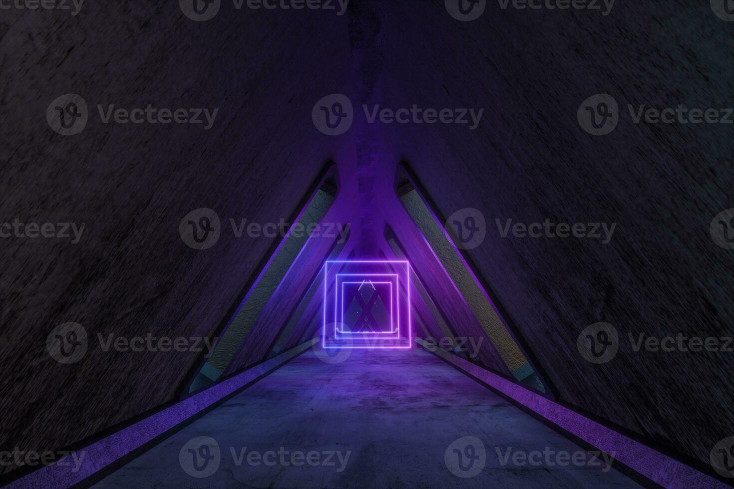 fantasi betong tunnel byggnad med lysande neon ljus. 3d tolkning. foto