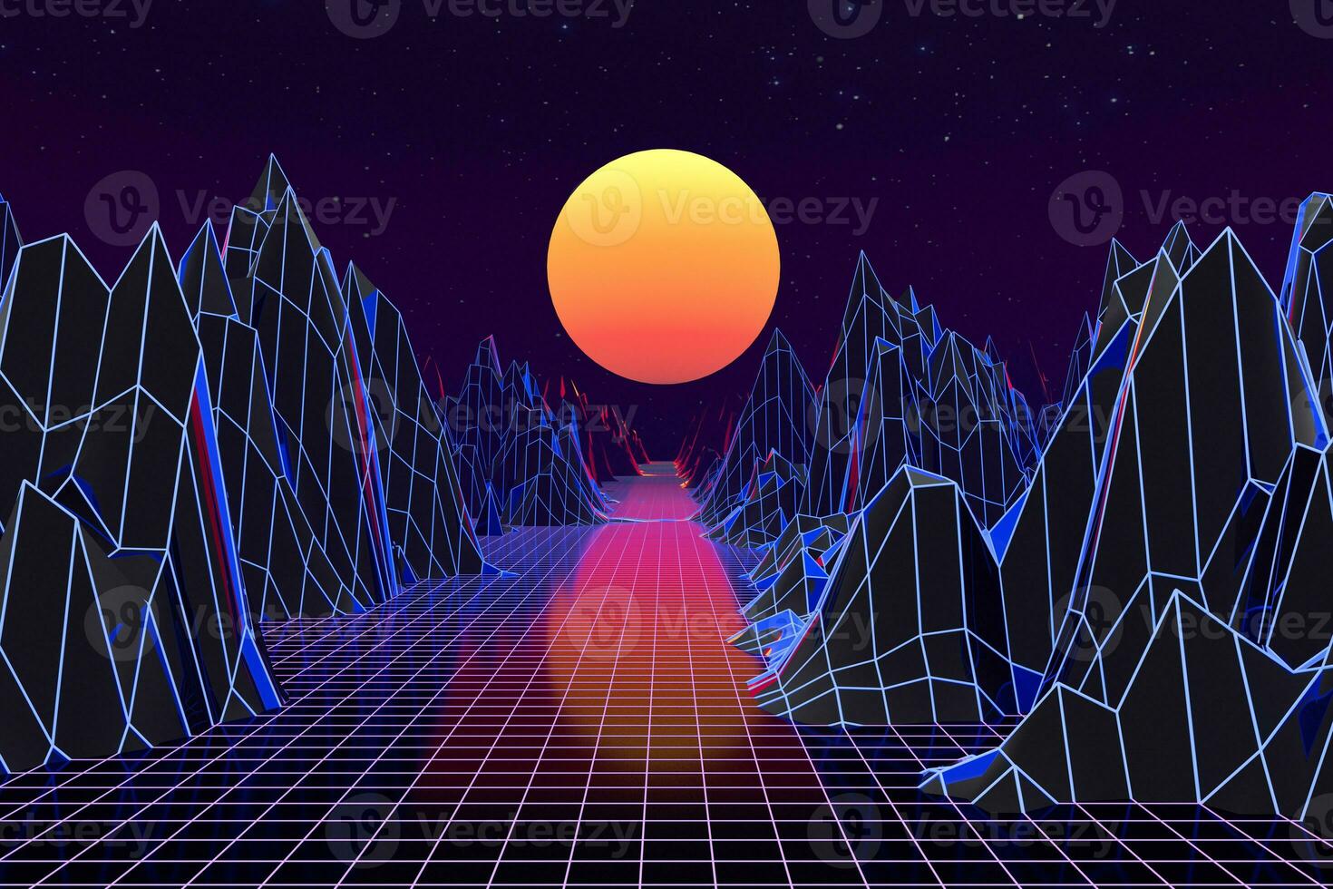 3d bakgrund illustration inspirerad förbi 80 s scen synthwave och retrovåg. foto