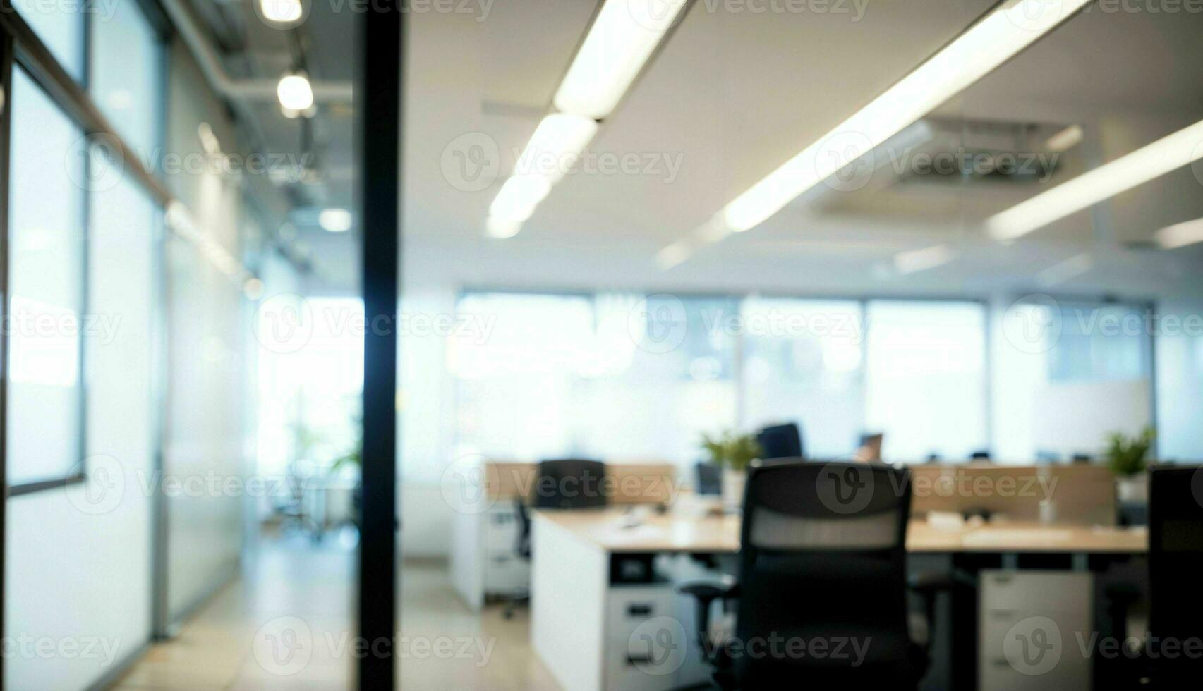 suddig bakgrund av en ljus modern kontor med panorama- fönster och skön belysning ai genererad foto