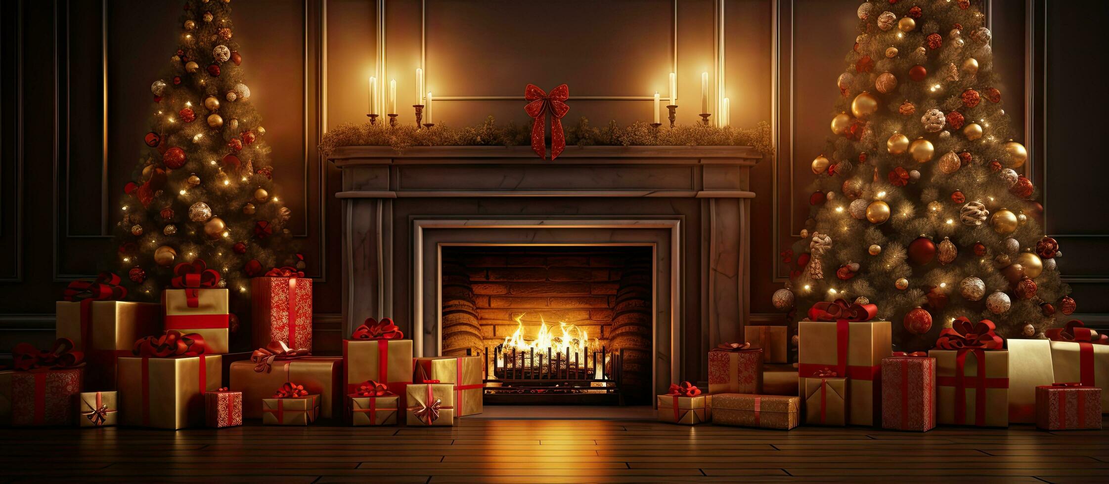 digital illustration av glad jul bakgrund visa upp gåva jul träd och öppen spis i en dekorerad rum foto