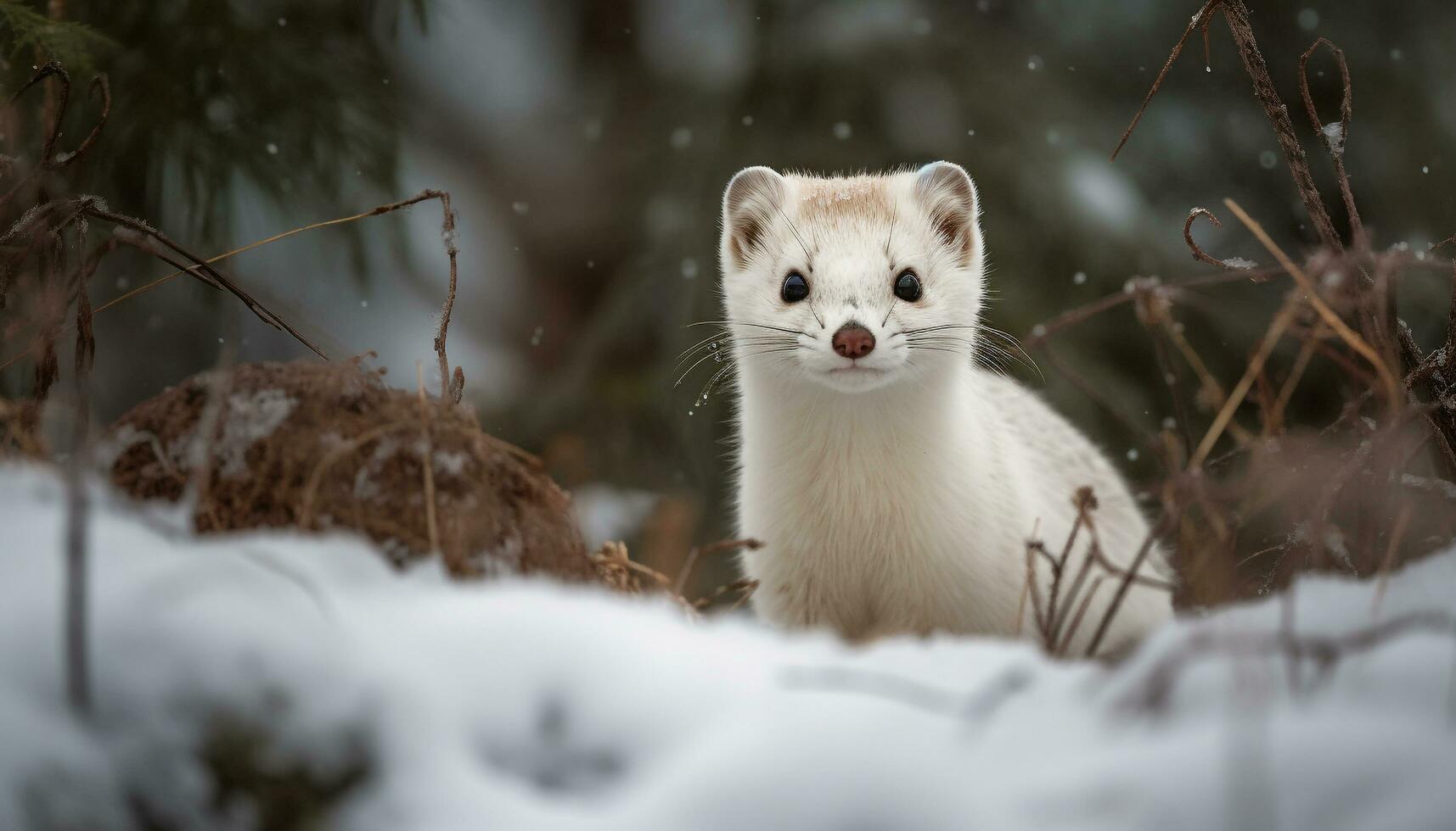 en söt små kattunge Sammanträde i de snöig vinter- skog genererad förbi ai foto