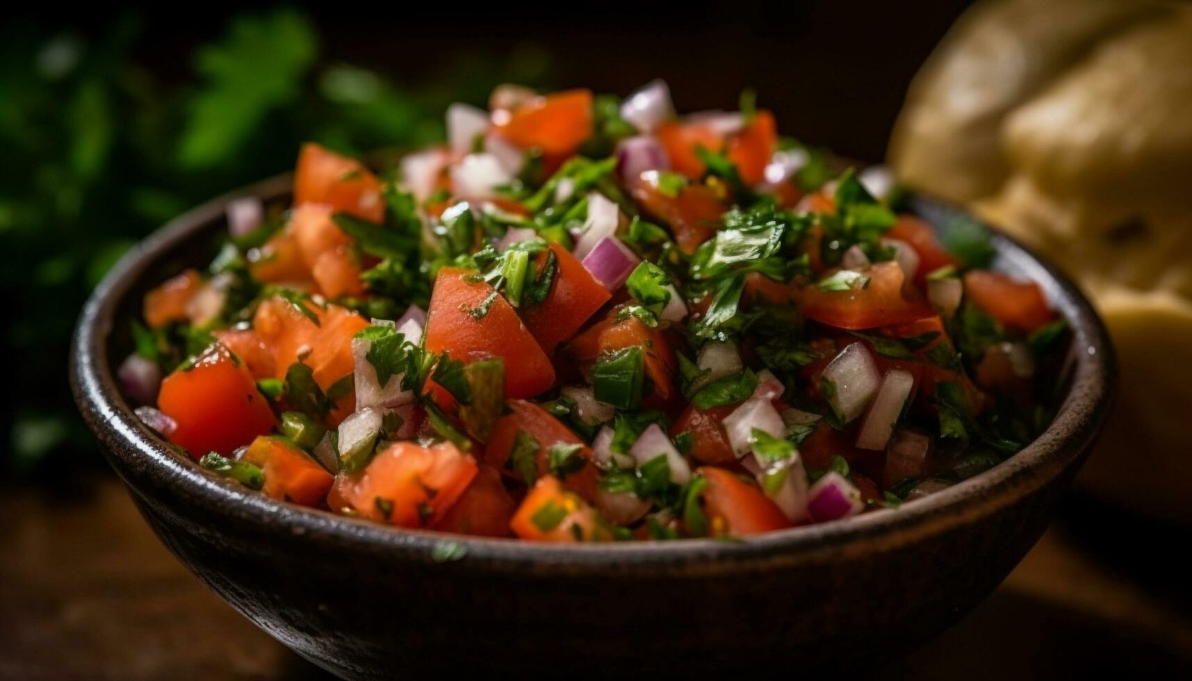 friskhet och friska äter i en vegetarian sallad på en trä- tabell genererad förbi ai foto