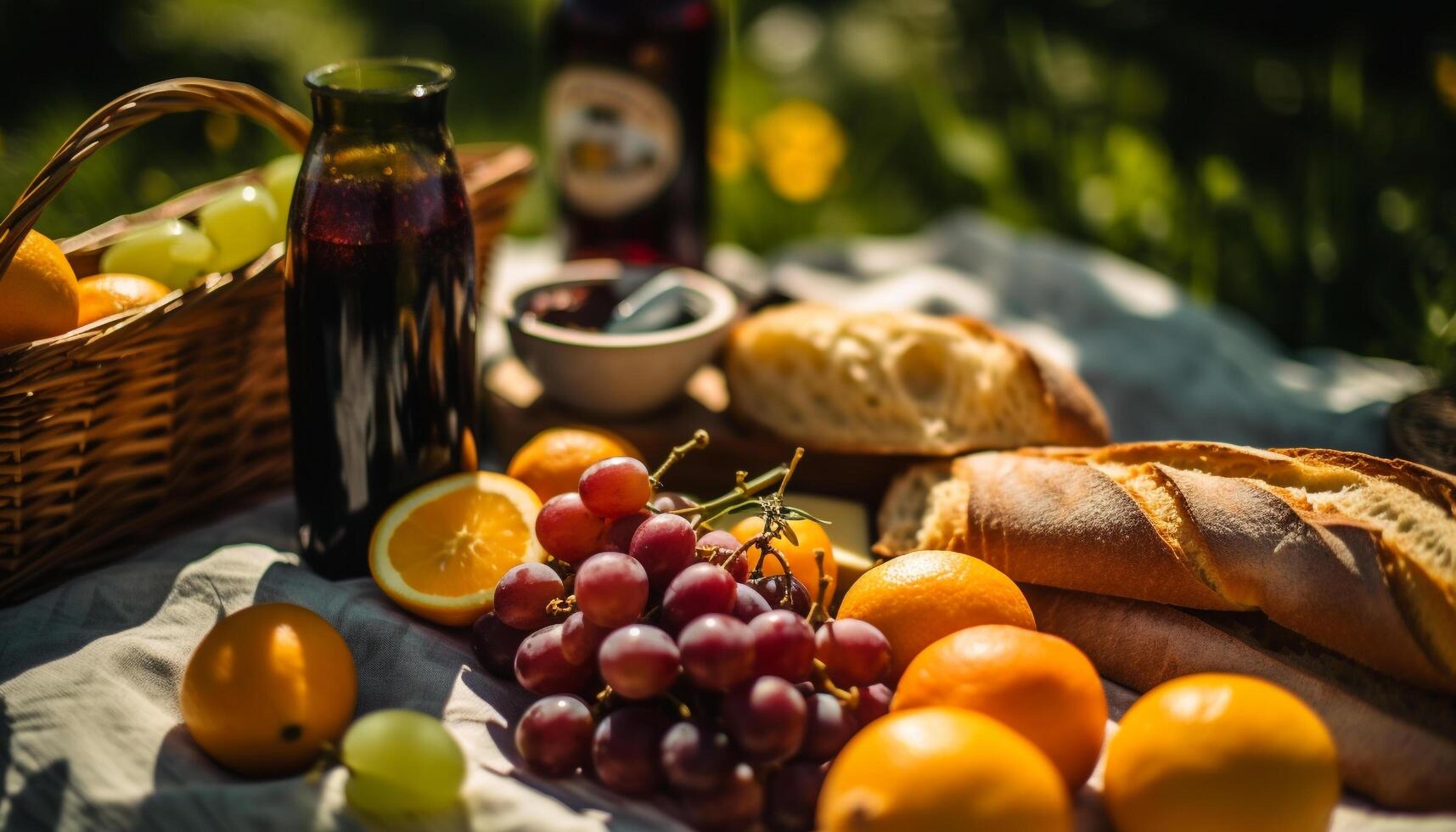 färsk frukt picknick druva, bröd, natur, friska äter, organisk, utomhus genererad förbi ai foto