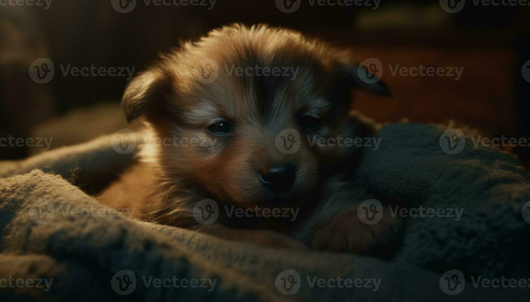 söt valp liggande ner, fluffig päls, lekfull terrier ser på kamera genererad förbi ai foto