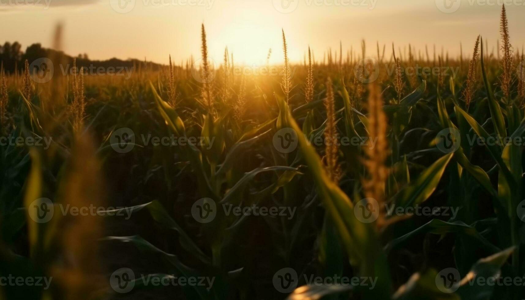 solnedgång över en lantlig odla, gyllene äng, lugn skönhet i natur genererad förbi ai foto