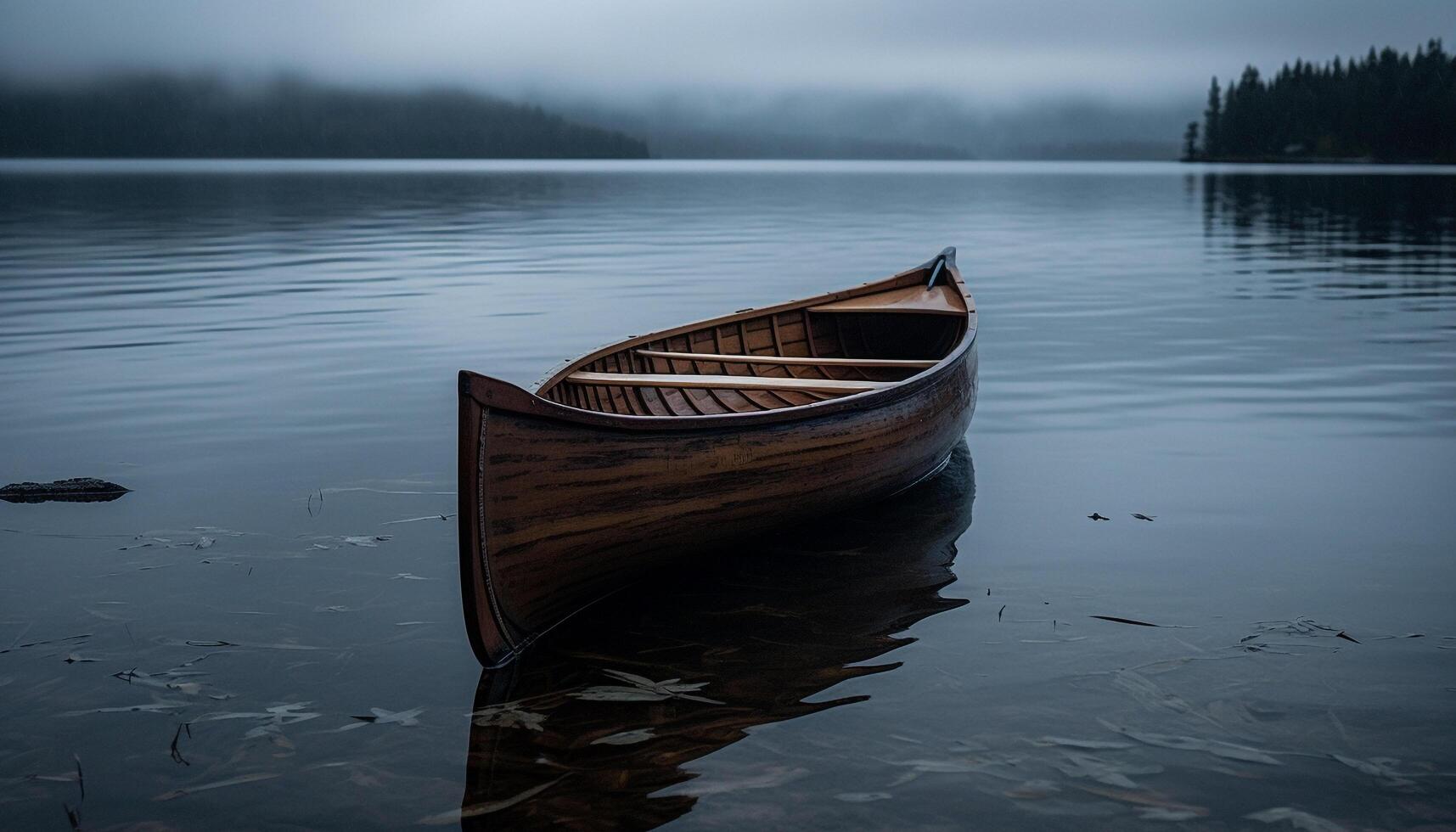 lugn scen av en roddbåt på en lugn, reflekterande damm genererad förbi ai foto