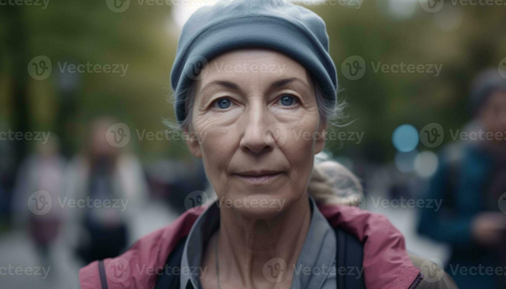 leende kvinna i tillfällig Kläder åtnjuter utomhus- höst övning genererad förbi ai foto