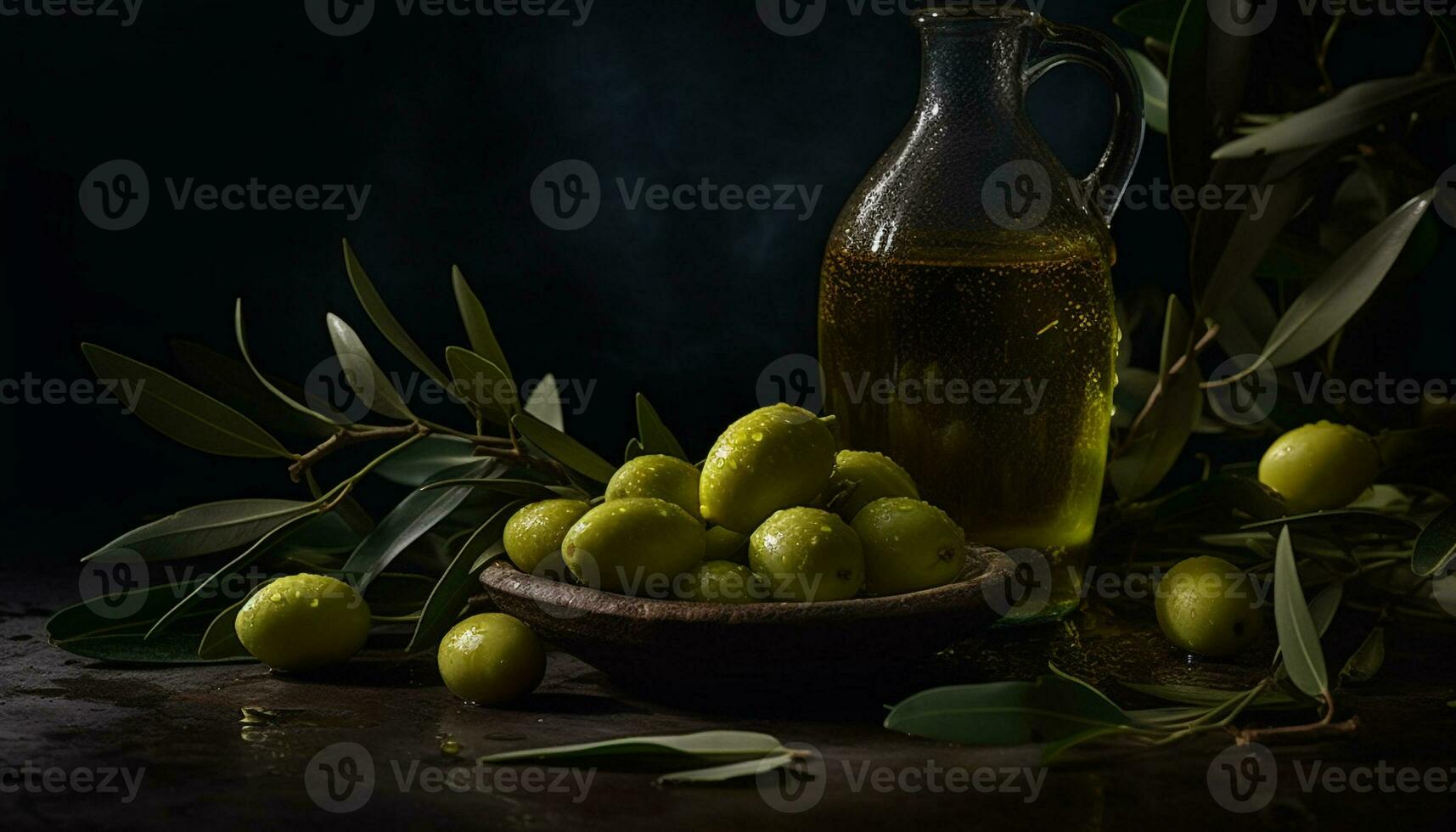 färsk grön oliver på en trä- tabell, natur friska gourmet glädje genererad förbi ai foto