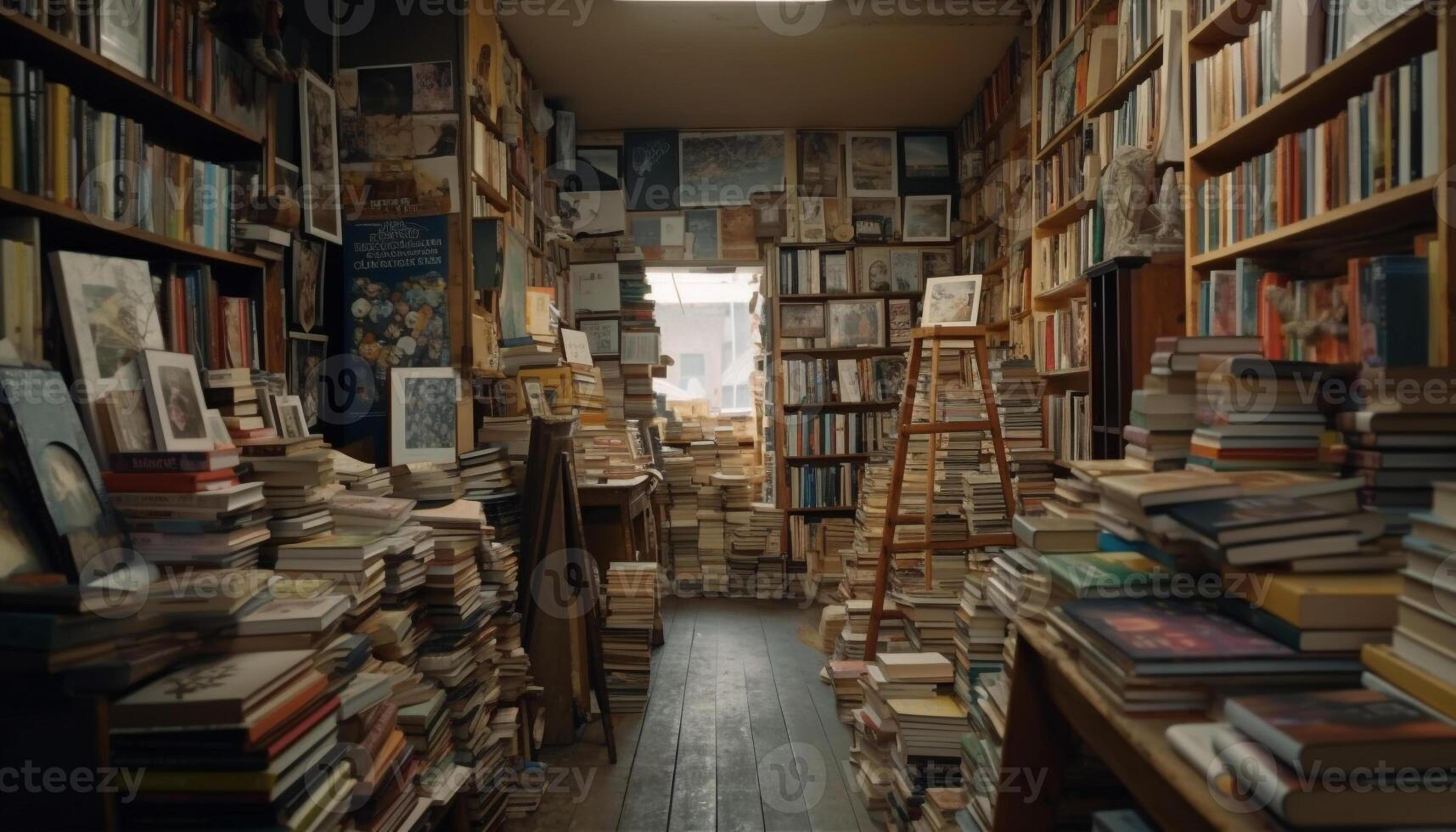 stor samling av gammal böcker på en trä- bokhylla i en bibliotek genererad förbi ai foto