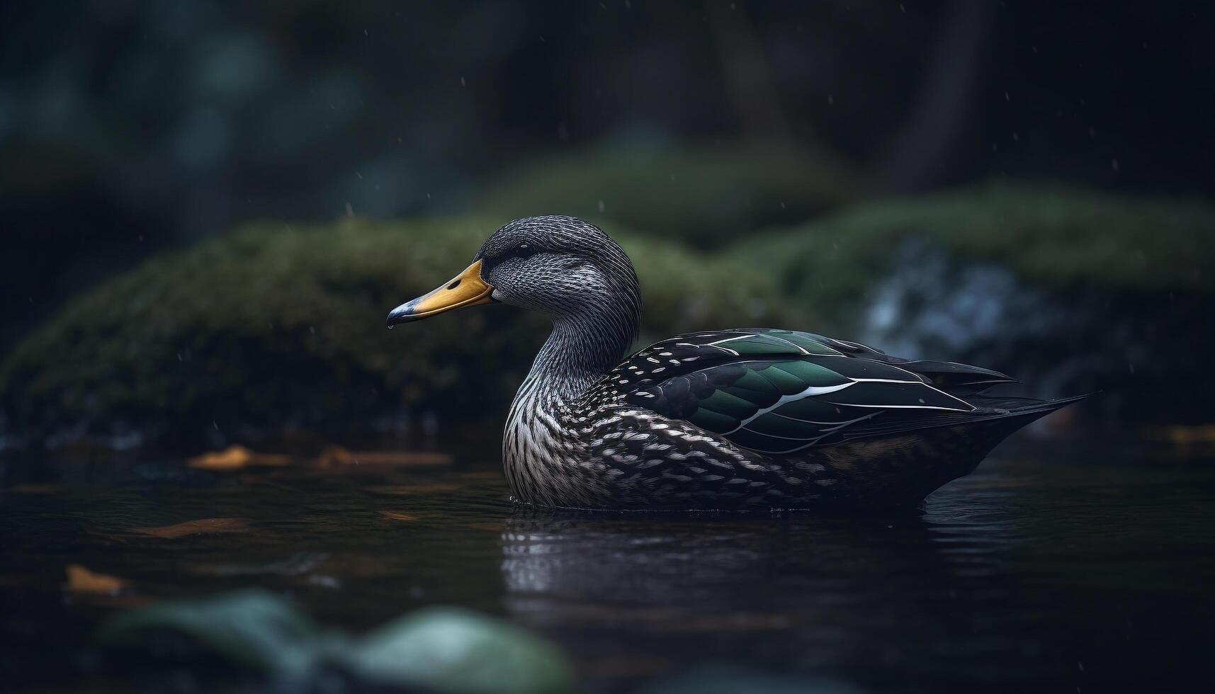 gräsand Anka simning i en lugn damm, omgiven förbi natur genererad förbi ai foto