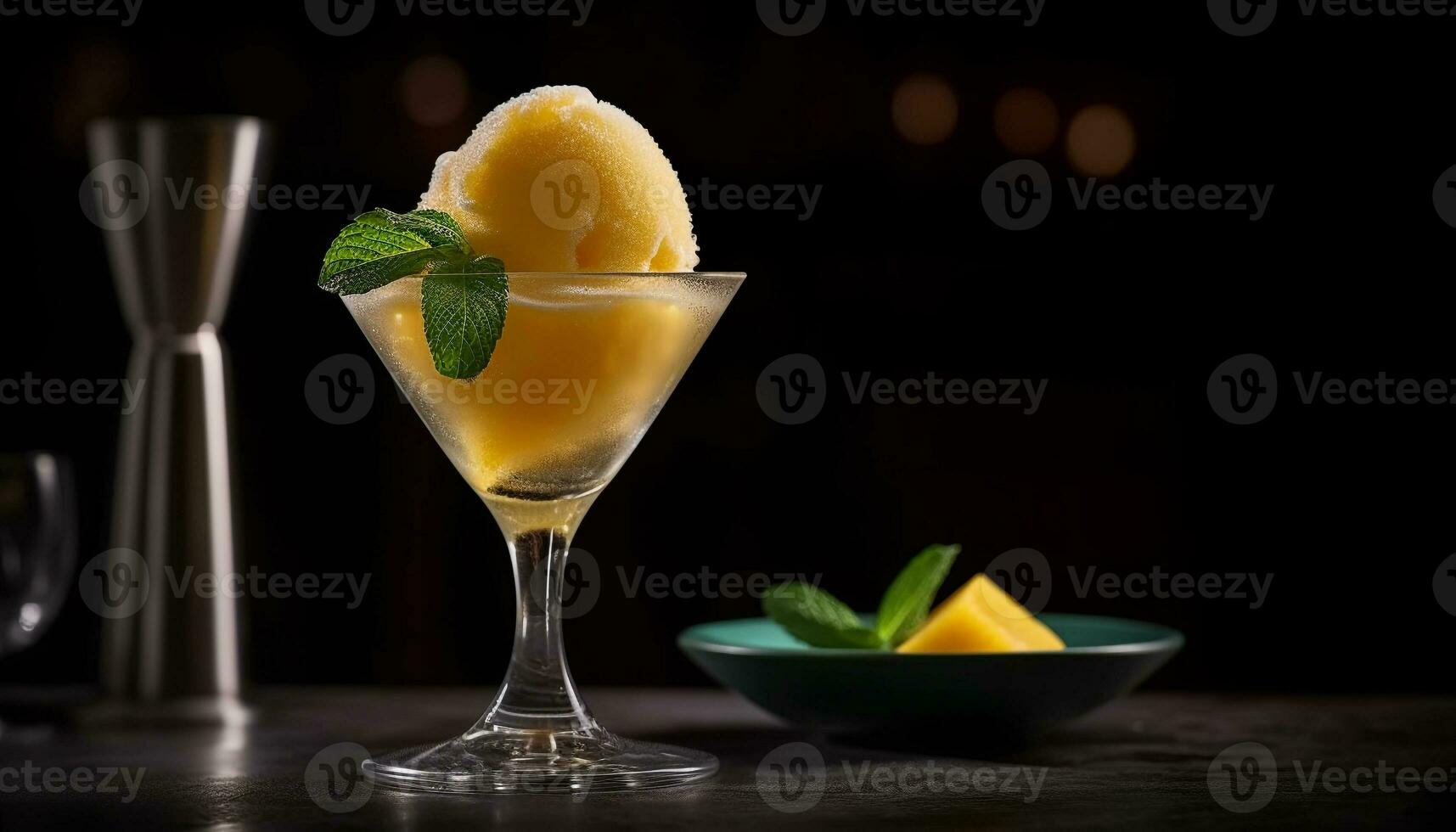 färsk frukt cocktail dryck med mynta blad garnering på trä- tabell genererad förbi ai foto