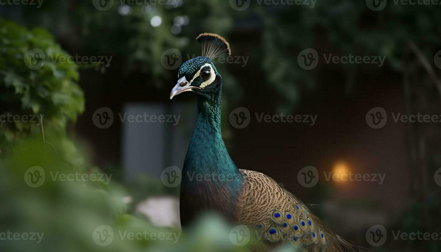 majestätisk påfågel visas vibrerande färger i tropisk regnskog, fängslande skönhet genererad förbi ai foto