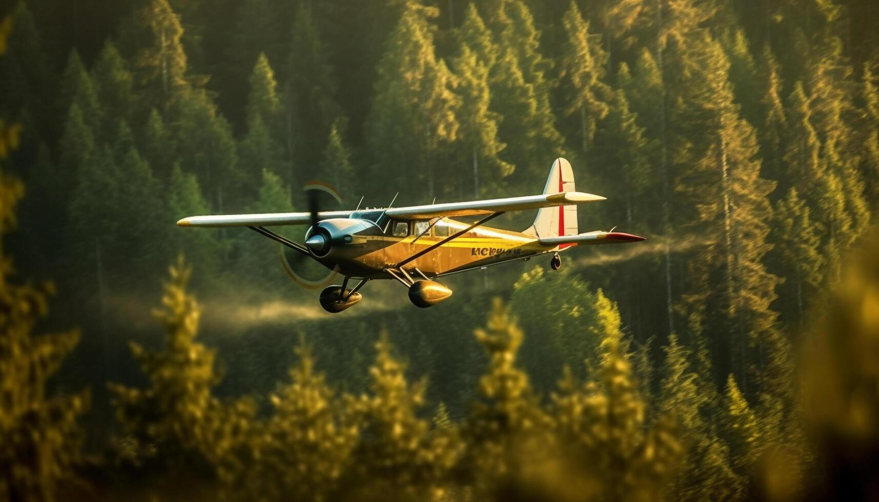 flygande propeller helikopter svävar mitten luft över berg räckvidd, natur äventyr genererad förbi ai foto