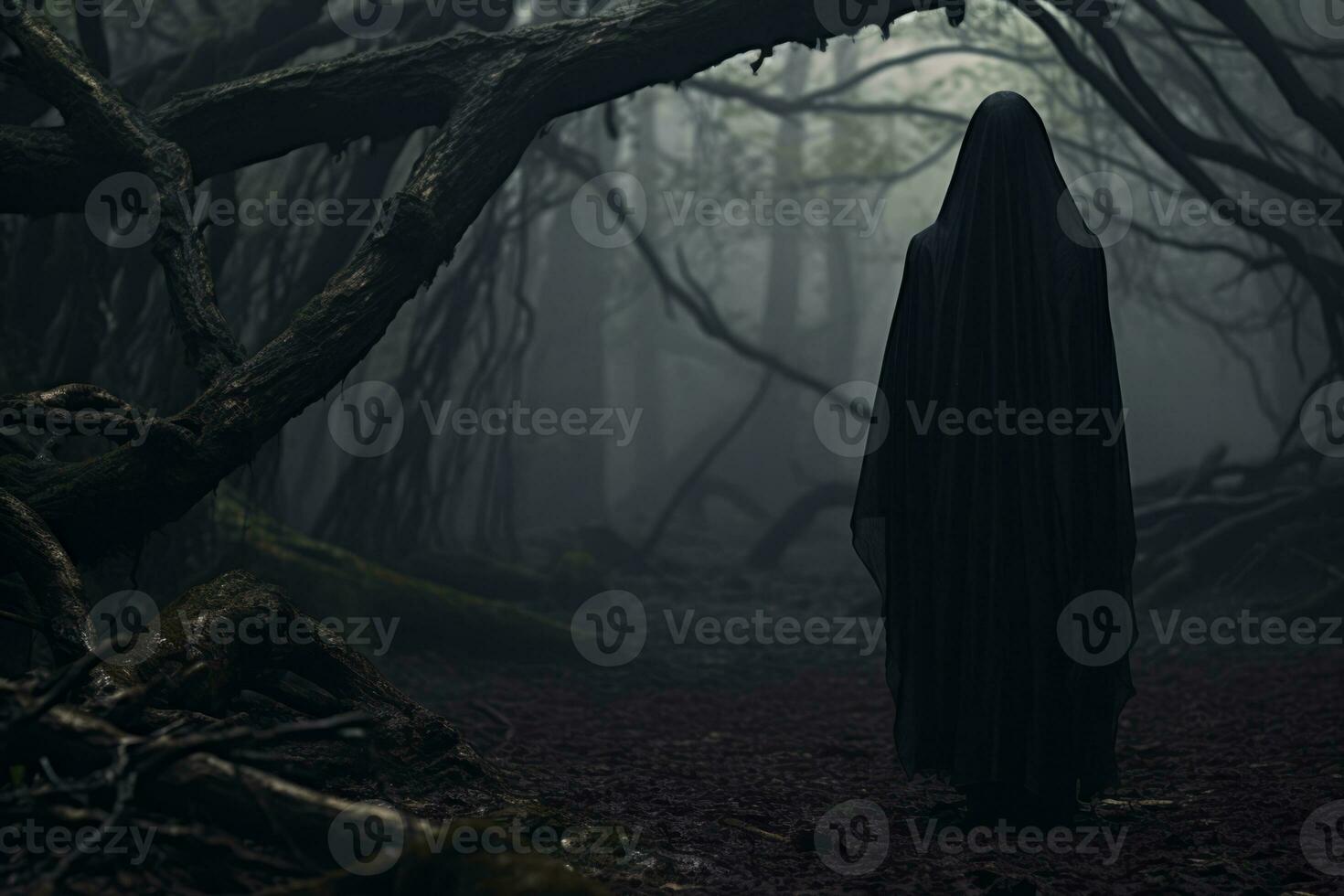 en person i en svart dölja stående i de mitten av en mörk skog foto