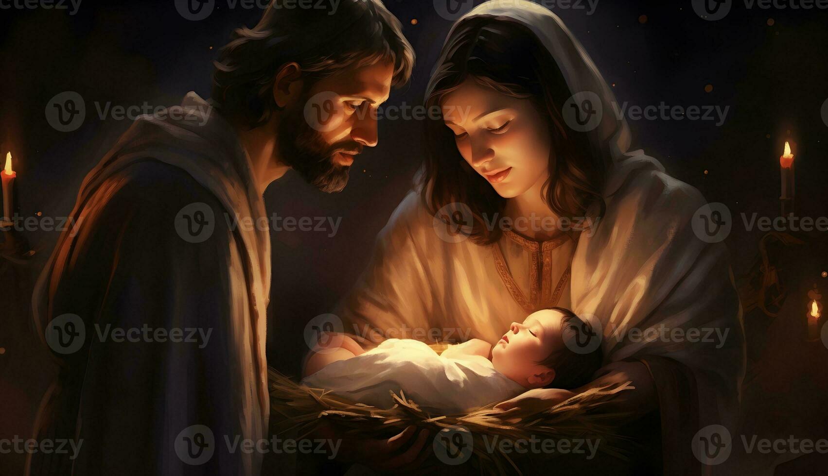 Mary, Joseph och de bebis Jesus, son av Gud, jul berättelse, jul natt foto