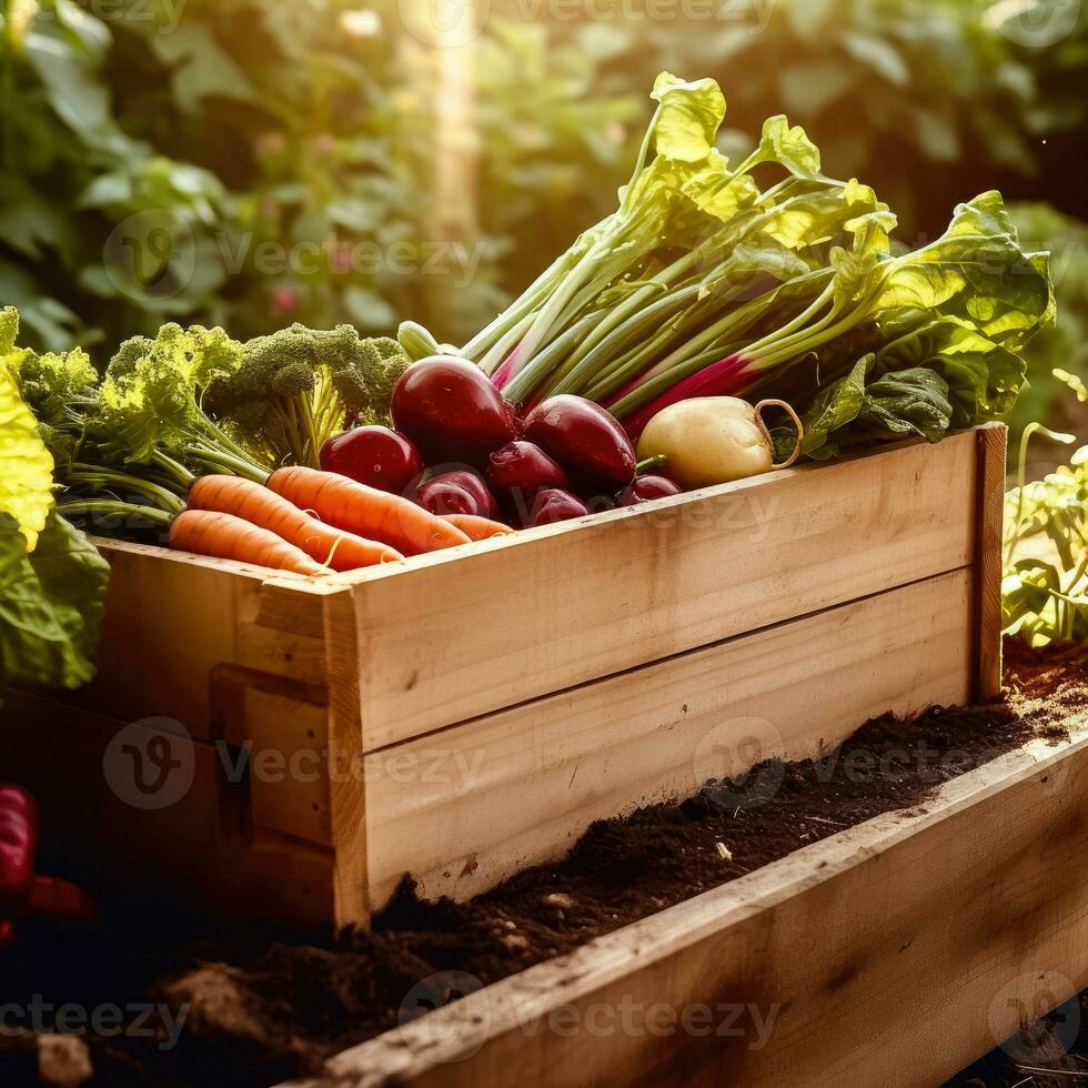 färsk från de trädgård - hälsosam vegetabiliska mängd i en trä- låda - generativ ai foto
