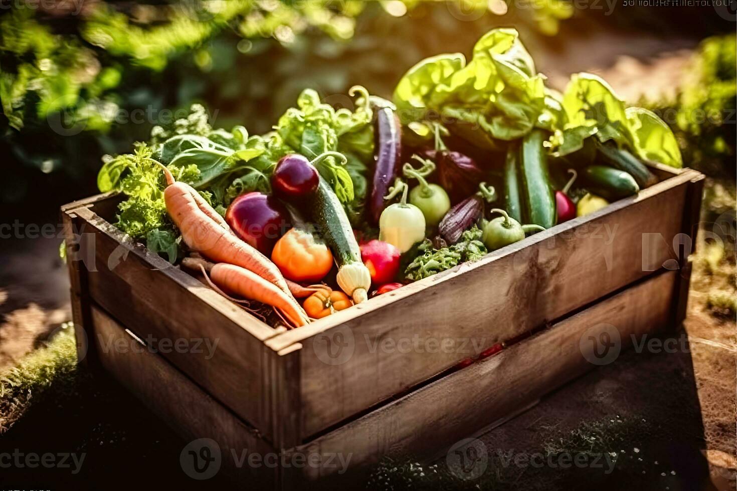 riklig skörda - blandad färsk grönsaker i en trä- låda - generativ ai foto
