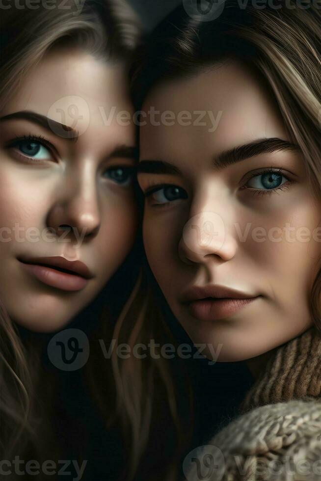 porträtt av två blond kvinnor, närbild, naturlig mjuk belysning, ai genererad konst foto