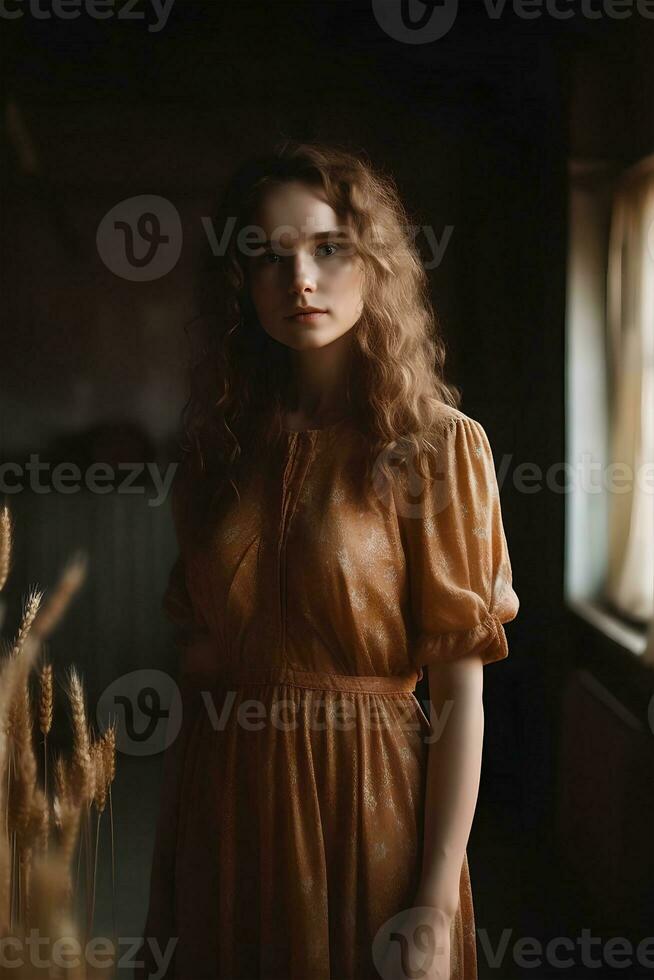 porträtt av en europeisk kvinna i enkel rustik kläder på en fält bakgrund, , naturlig Foto, mjuk ljus, ai generativ konst foto