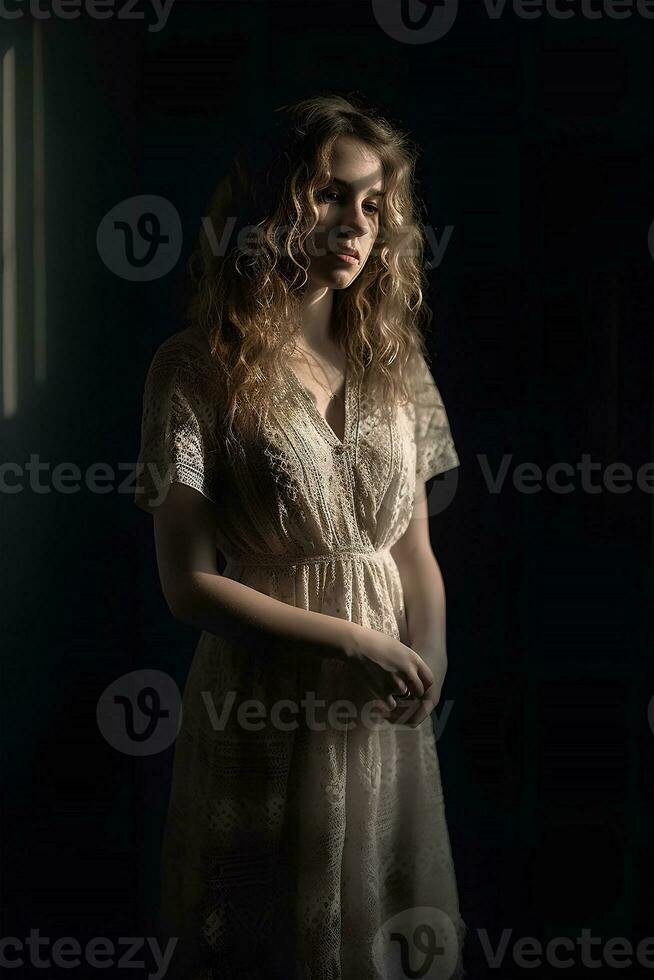 naturlig porträtt av en europeisk ung flicka i enkel rustik kläder stående förbi de fönster, naturlig Foto, mjuk ljus, ai generativ konst foto