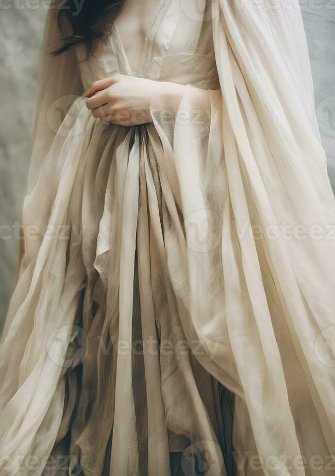 kvinna i bröllop klänning, neutral silke draperier på vit bakgrund Foto, i de stil av laura makabresku, flerskiktad abstraktion, skir tyger, fujifilm x-t4, närbild, ai generativ konst foto