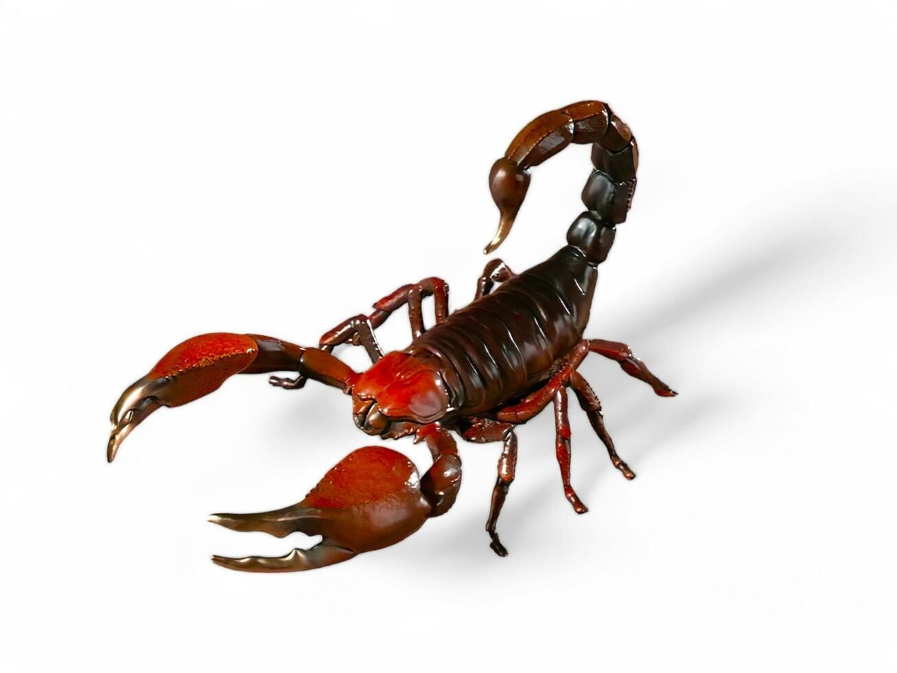 scorpion med röd tång miniatyr- djur- på vit bakgrund foto