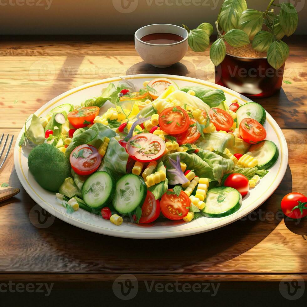 vegetabiliska sallad, vegetabiliska sallad realistisk restaurang bakgrund hög kvalitet ai bild genererad foto