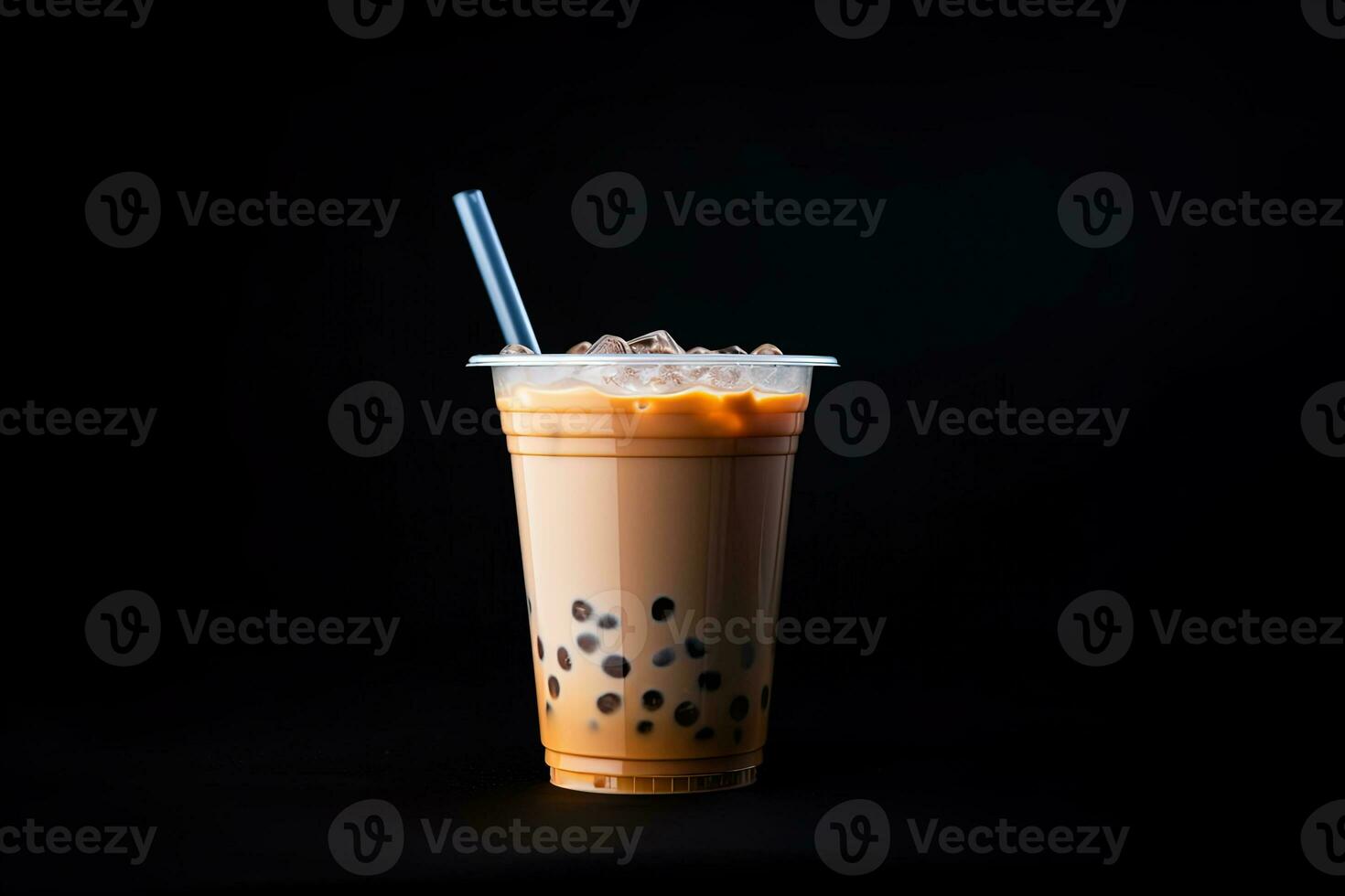mjölk te vit bubbla på plast kopp, isolerat på mörk bakgrund, sida se. ai genererad foto