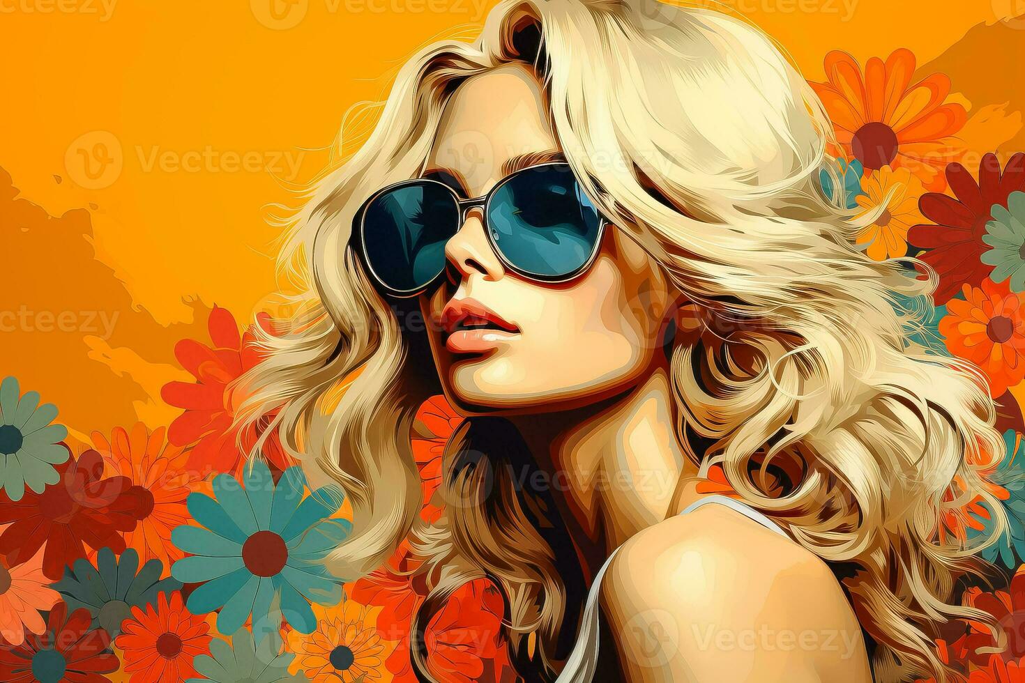 hippie flicka med blond hår och blomma illustration skapas använder sig av pop- konst komisk stil verktyg foto