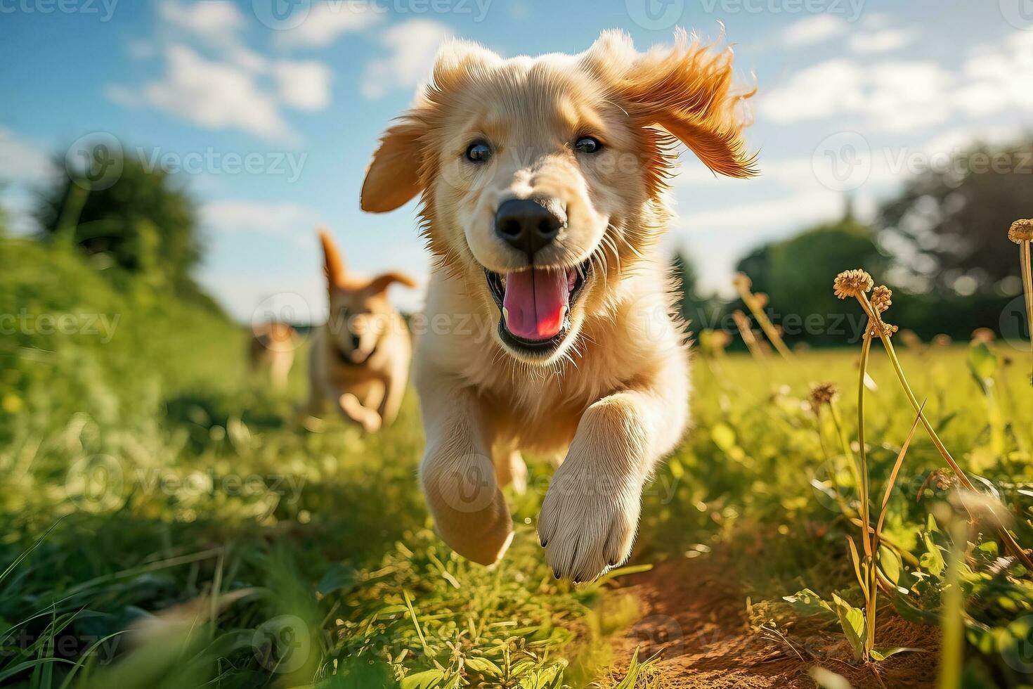 främre se energisk gyllene retriever valp kör fritt tvärs över en grön fält foto