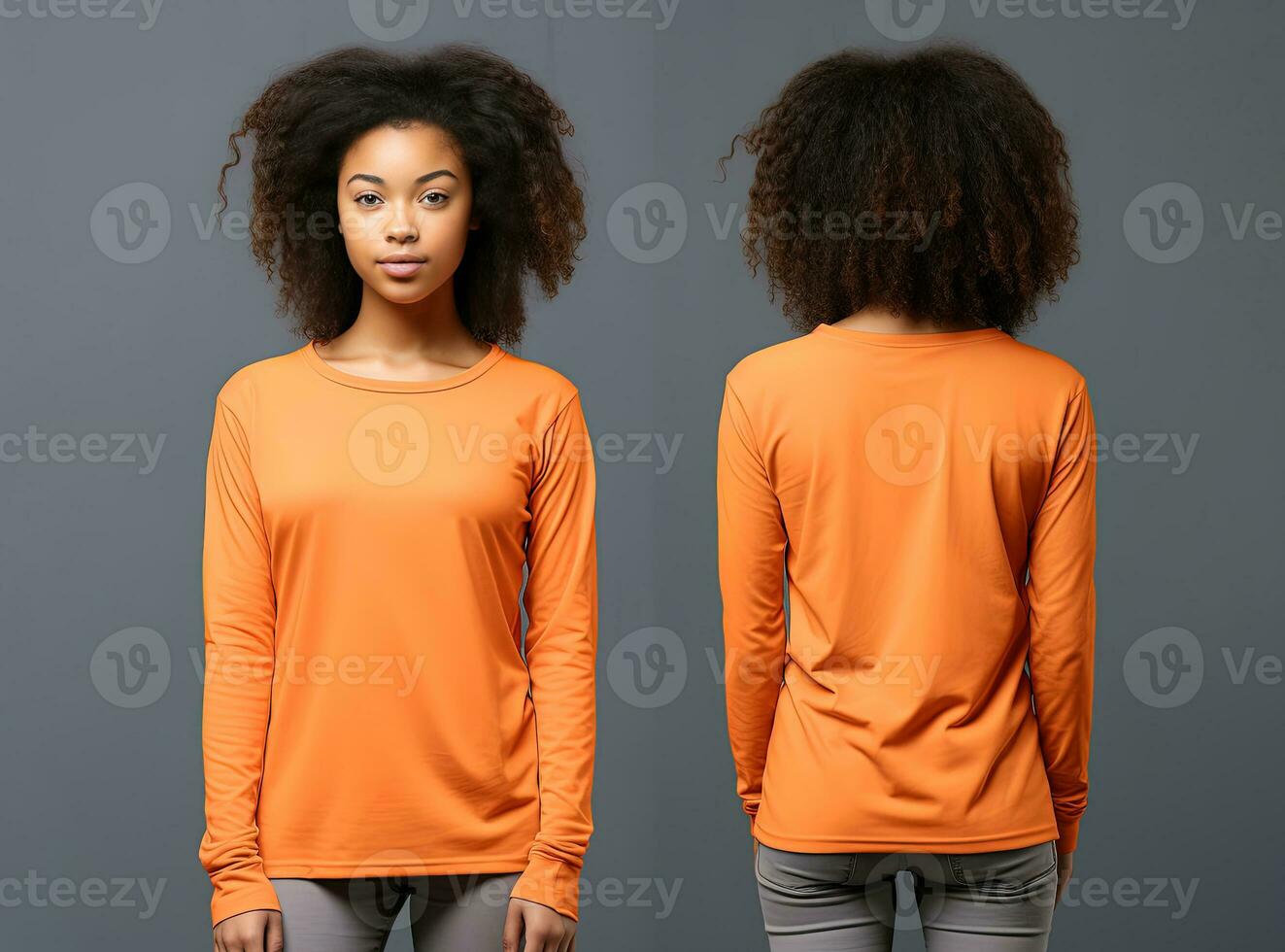 kvinna bär ett orange t-shirt med lång ärmar. främre och tillbaka se. ai genererad foto