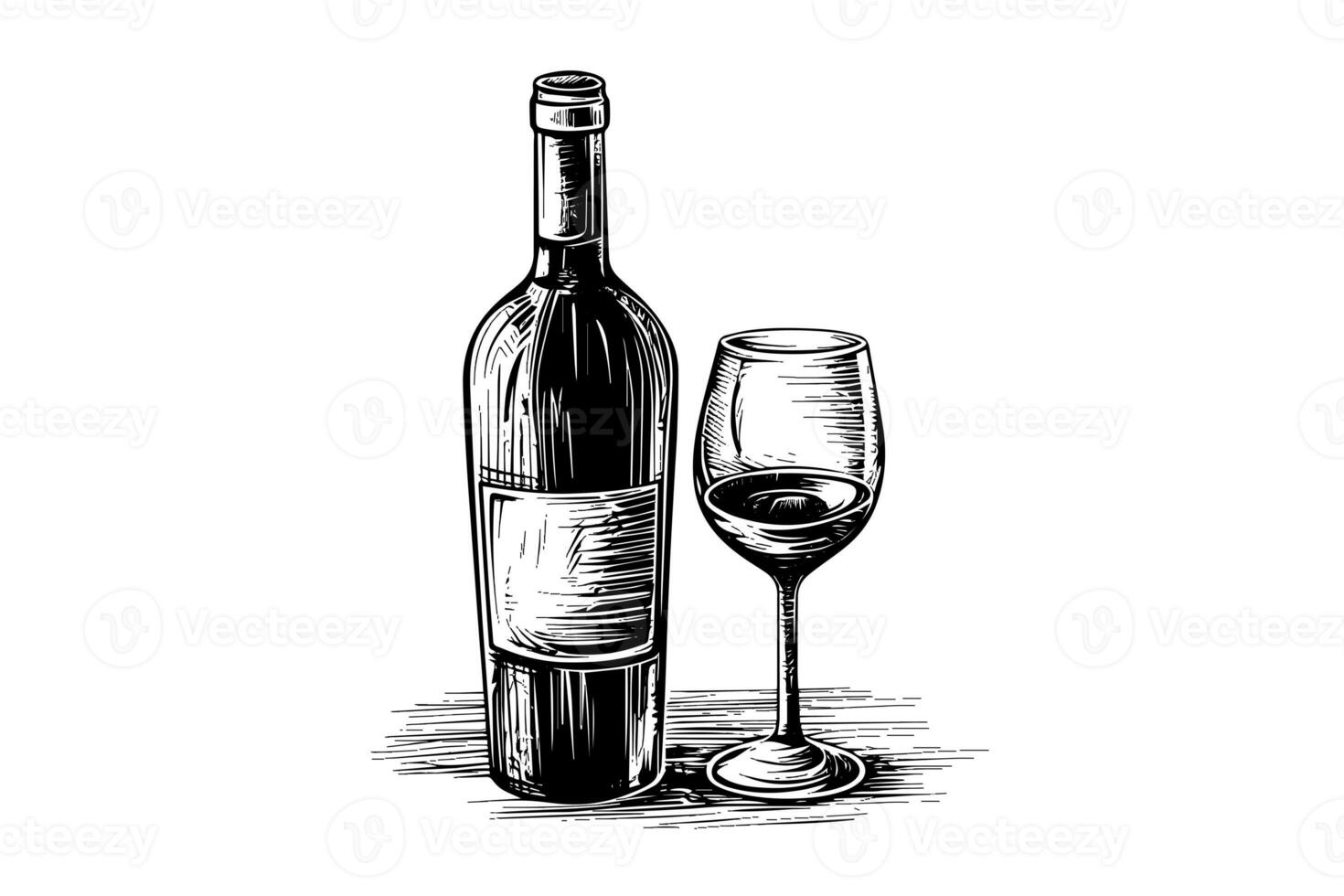 vin flaska och glas. hand dragen gravyr skiss stil vektor illustrationer. foto