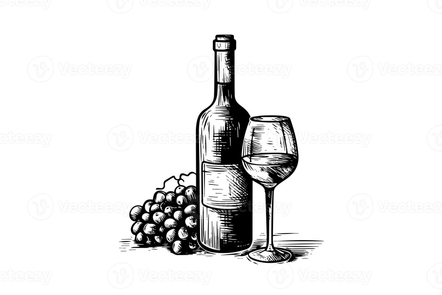 vin flaska och glas av vin och vindruvor. hand dragen gravyr skiss stil vektor illustrationer. foto