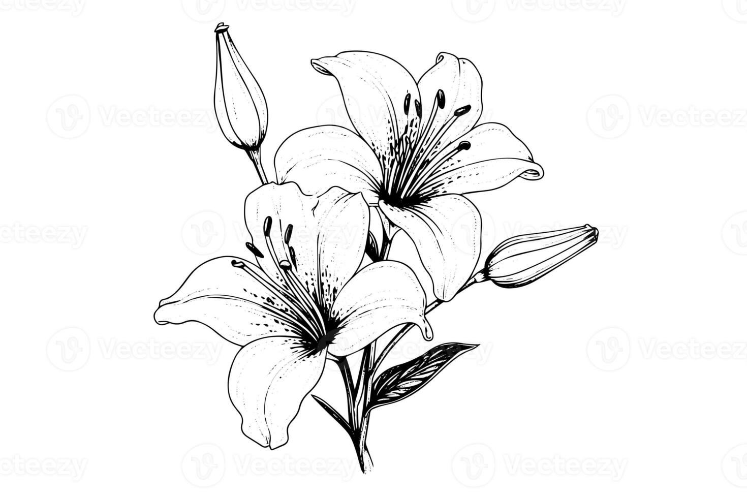 svartvit svart och vit bukett lilja isolerat på vit bakgrund. ritad för hand vektor illsutration. foto