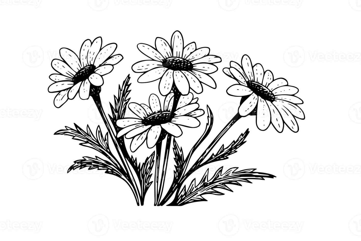 hand dragen kamomill bläck skiss. daisy blomma gravyr vektor illustration. foto