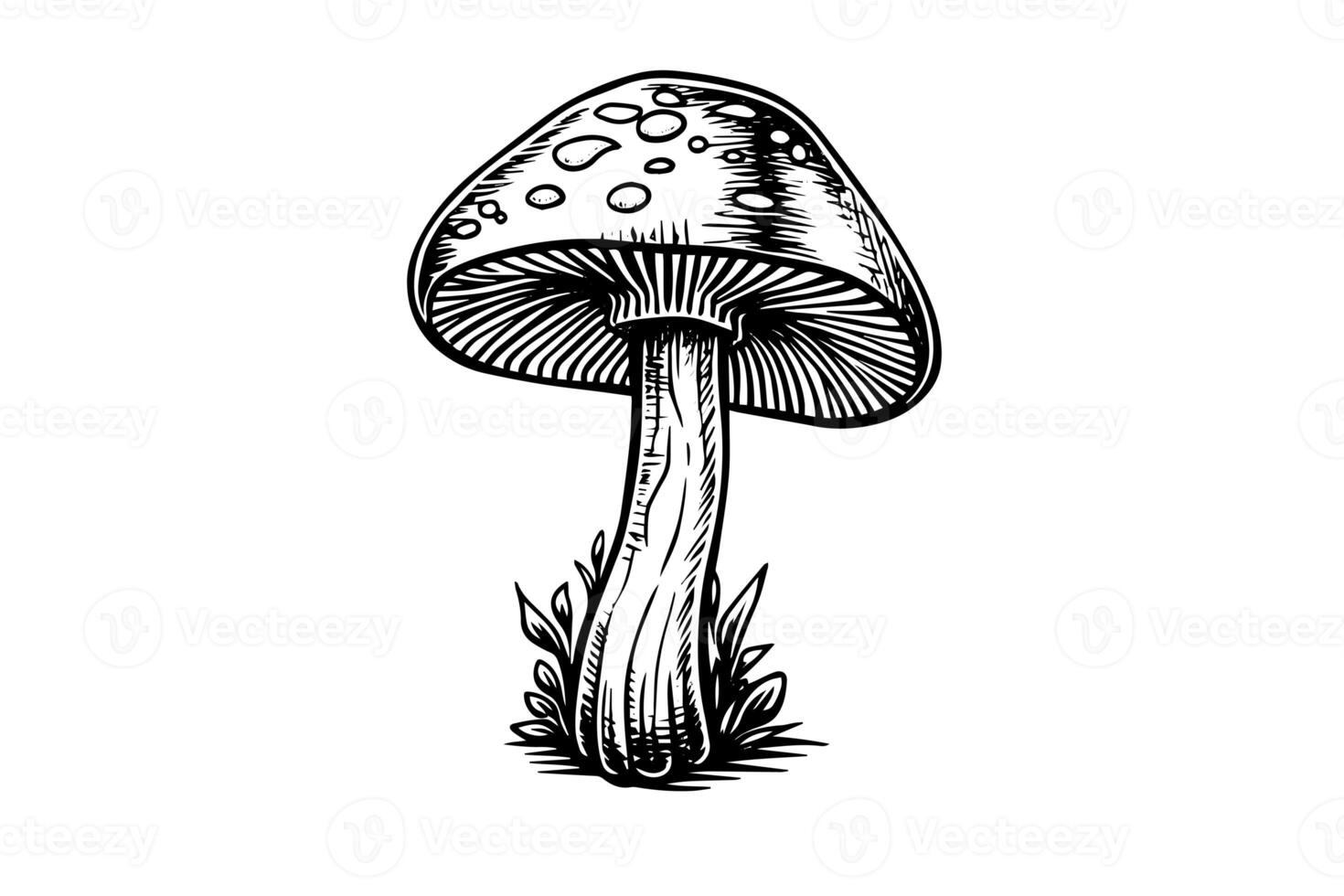 flyga agaric eller amanita svamp grupp växande i gräs gravyr stil. vektor illustration. foto