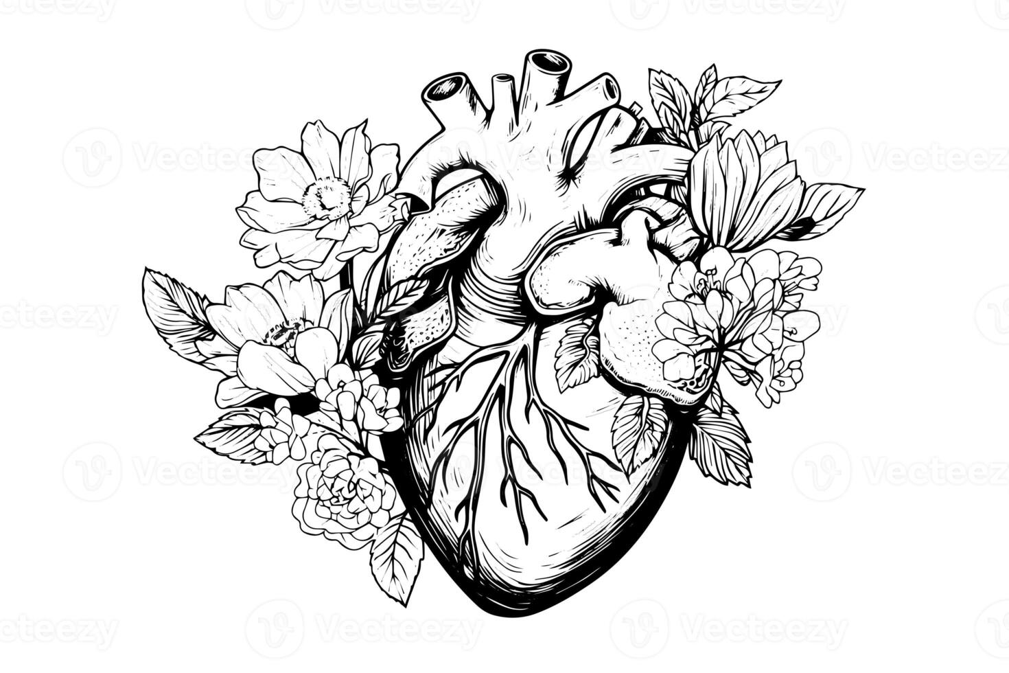 valentine dag kort årgång illustration. blommig anatomisk hjärta. vektor illustration foto