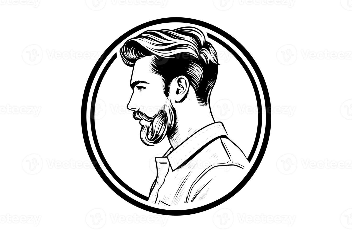 hand dragen porträtt av skäggig man i profil. hipster bläck skiss. logotyp vektor illustration. foto
