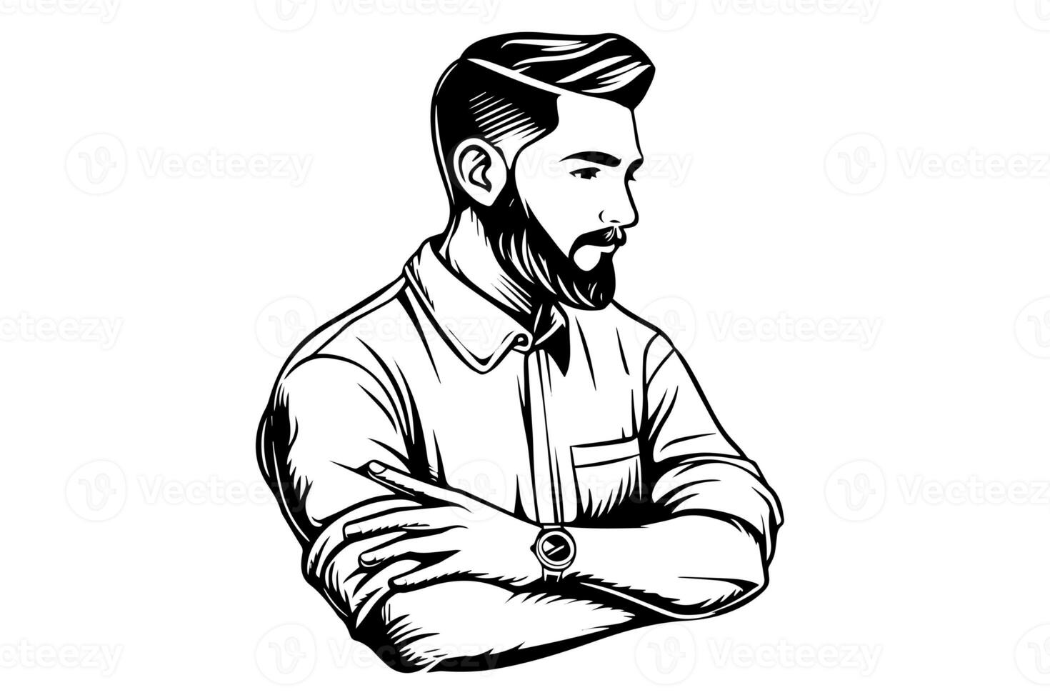 hand dragen porträtt av skäggig man i profil. hipster bläck skiss. logotyp vektor illustration. foto