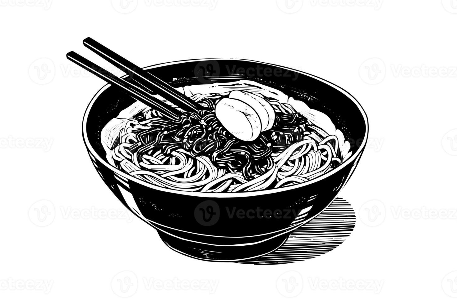 Ramen nudel japansk mat vektor gravyr stil illustration. bläck skiss logotyp eller meny begrepp. foto