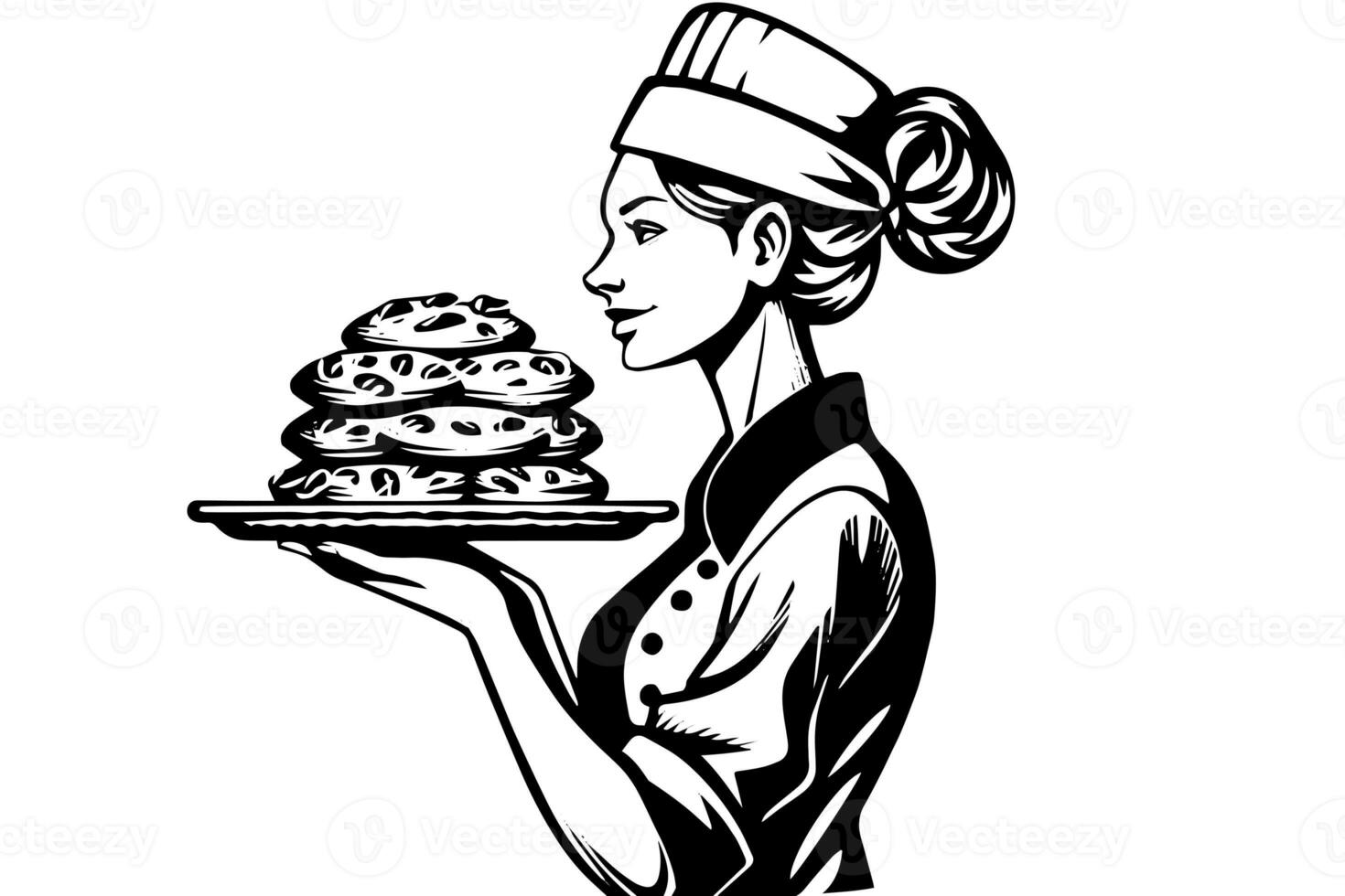 hand dragen bläck skiss av kvinna bagare med bakad bröd på en bricka. graverat stil vektor illustration. design för logotyp, annons. foto