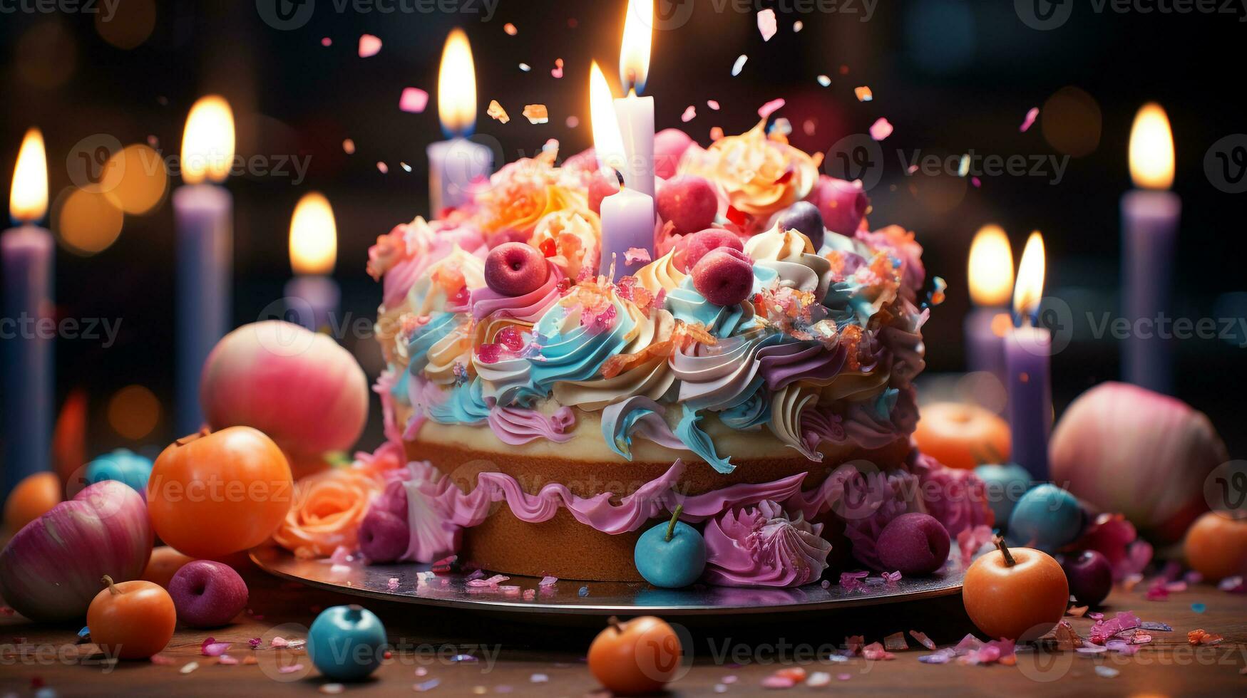 födelsedag kaka med massor av ljus foto