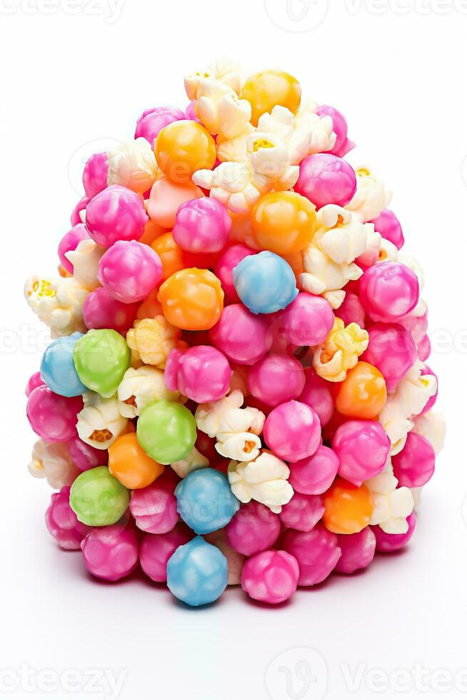 färgad fruktig popcorn på vit bakgrund isolerat foto