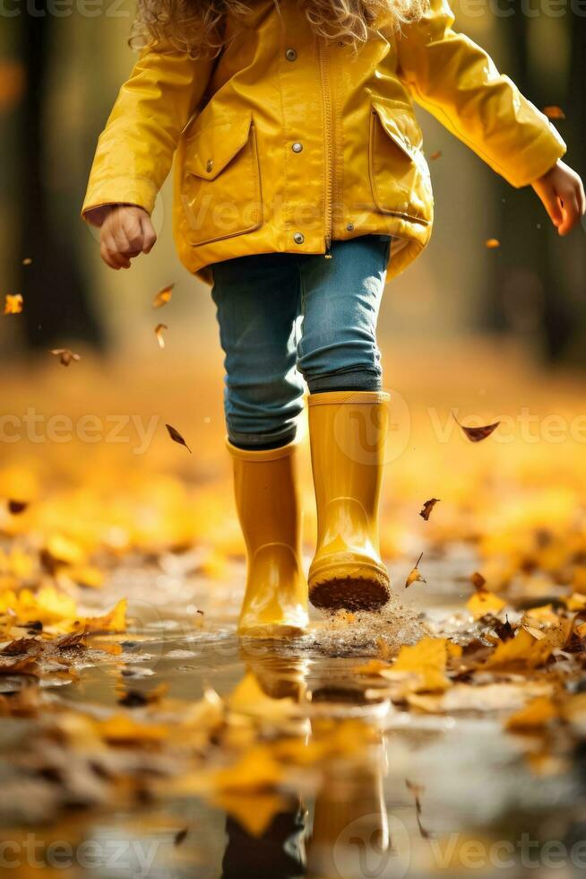 barn i gul sudd stövlar njuter Hoppar över vattenpölar i de regn under höst säsong foto