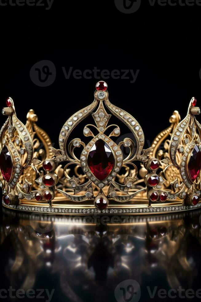 isolerat guld krona med röd juveler skildrar en medeltida design placerad på en vit bakgrund foto
