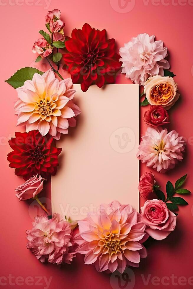 topp se av rosa dahlia och röd fuchsia blommor i kuvert med papper kort notera på rosa bakgrund foto