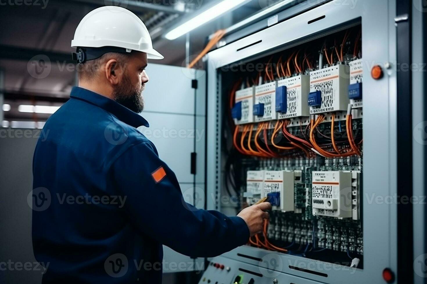 elektriker ingenjör tester elektrisk installationer och trådar på relä skydd systemet. justering av schema av automatisering och kontrollera av elektrisk Utrustning. generativ ai foto