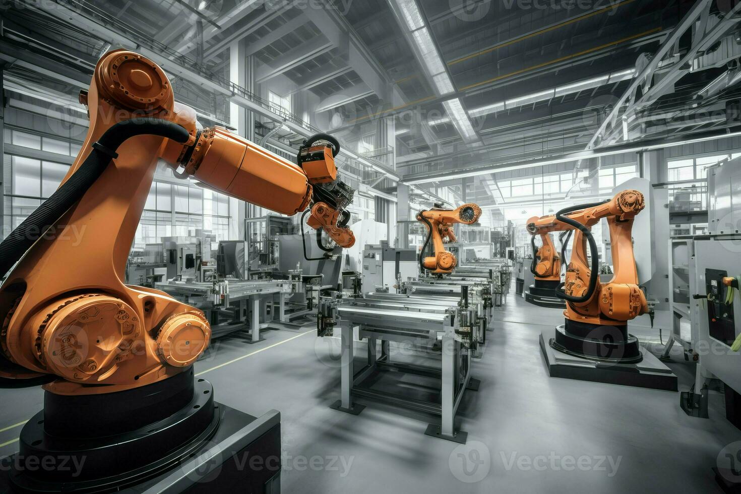 robotik ärm fabrik industriell. generera ai foto