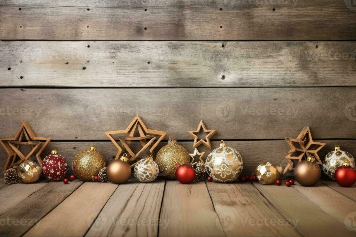jul dekoration över trä- bakgrund med kopia Plats för din xmas hälsningar foto
